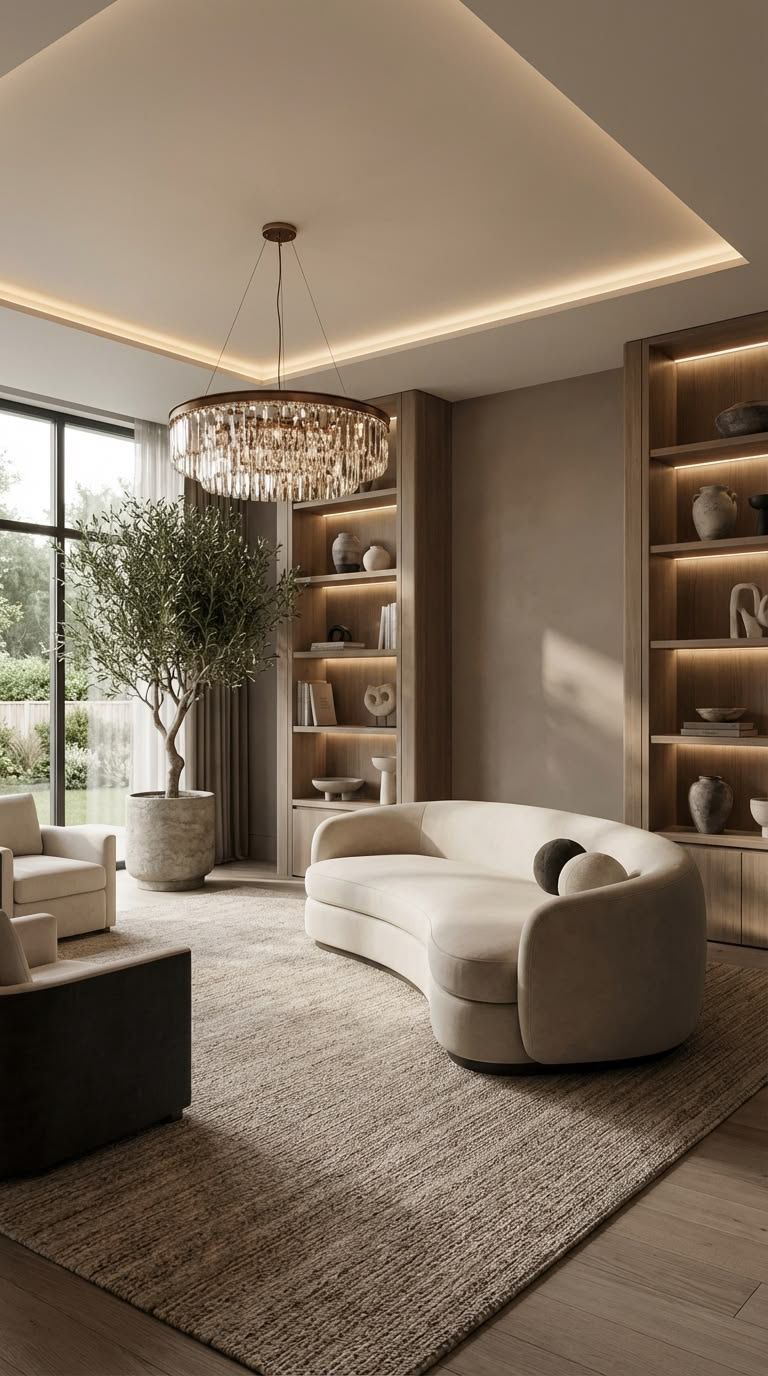 A living room by GRID Spatial with a curved cream sofa, crystal chandelier and lit oak shelving