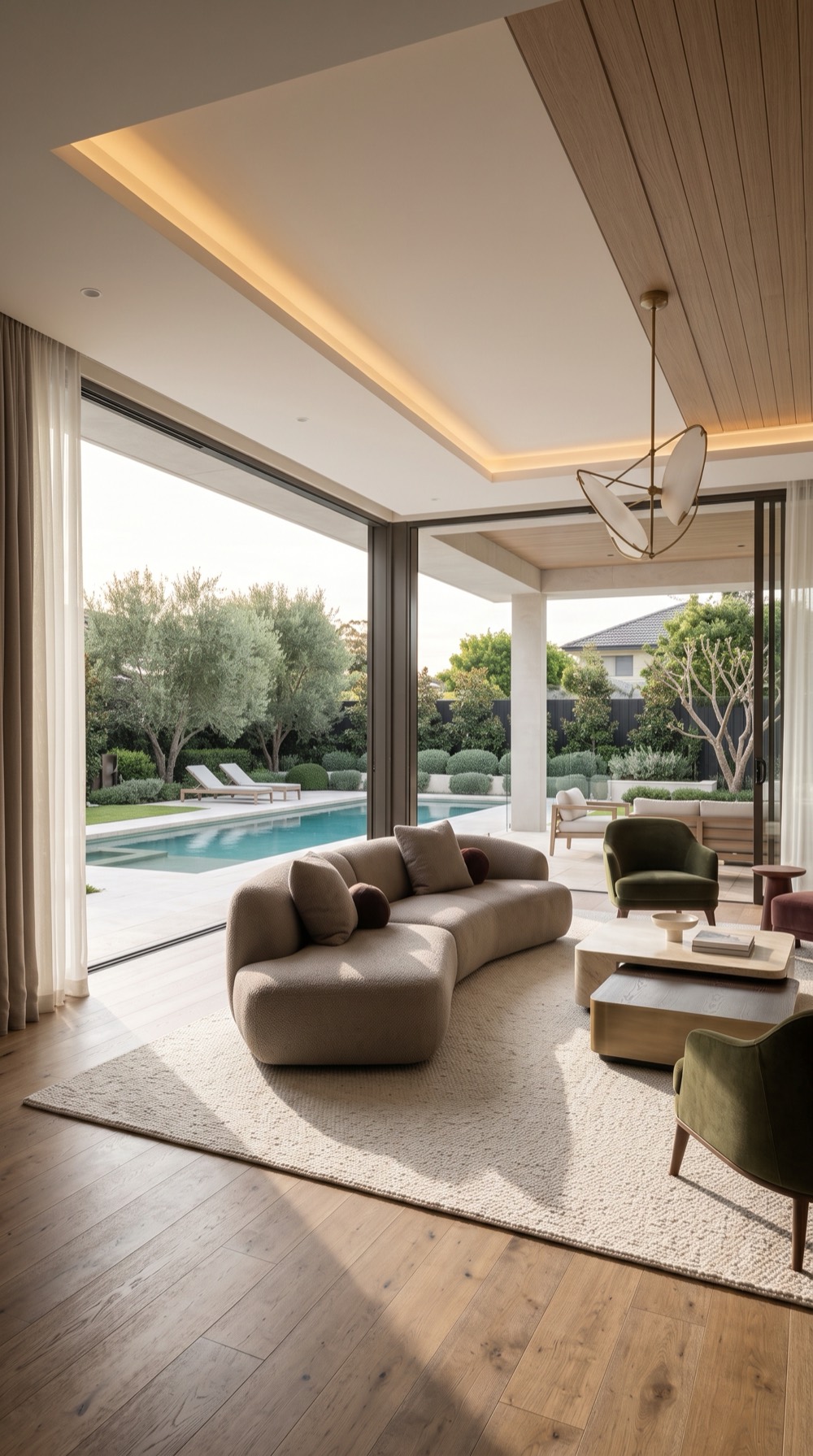 A living room opening onto a pool terrace, with a curved sofa, olive armchairs and a lit timber ceiling