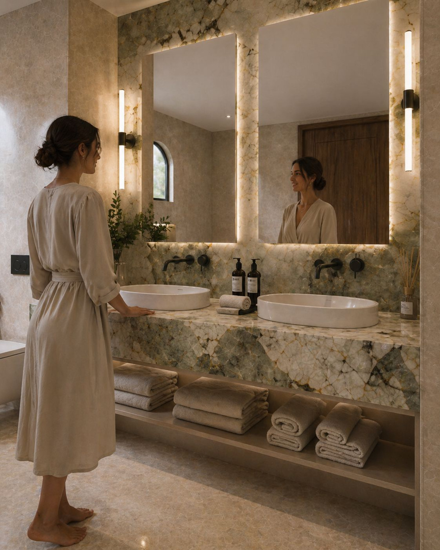 A woman in a linen robe at the double vanity, its counter and backlit wall in Patagonia stone