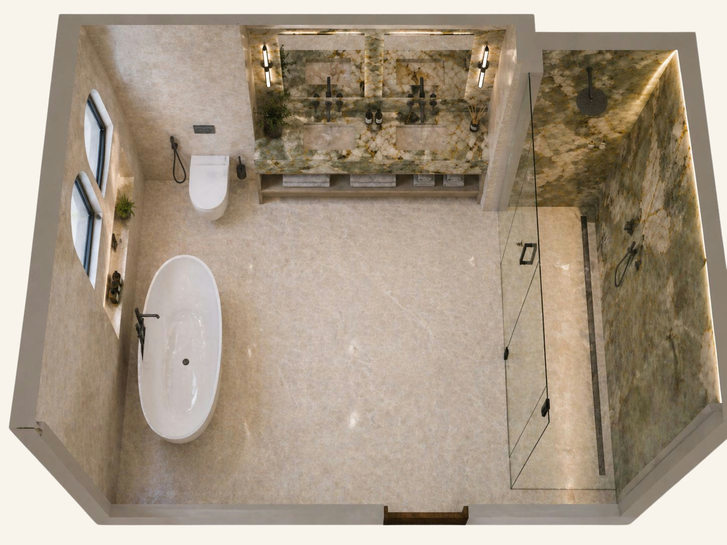 The master bath rendered from above: the tub by the arched windows, the double vanity along the top wall and the walk-in shower on the right