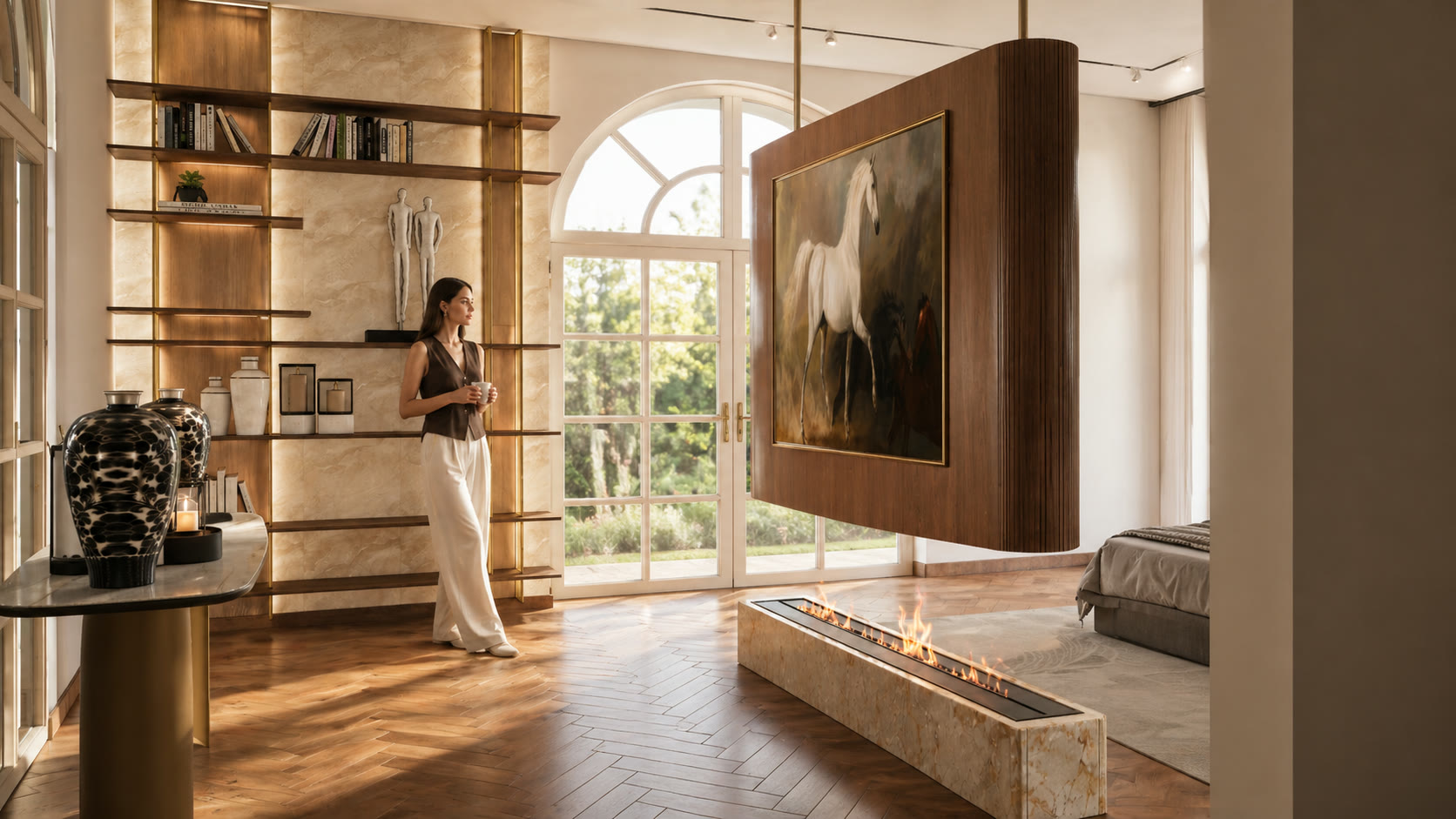 The walnut side of the suspended partition, hung with a painting of a white horse above the long fire, with arched garden doors and lit stone shelving behind
